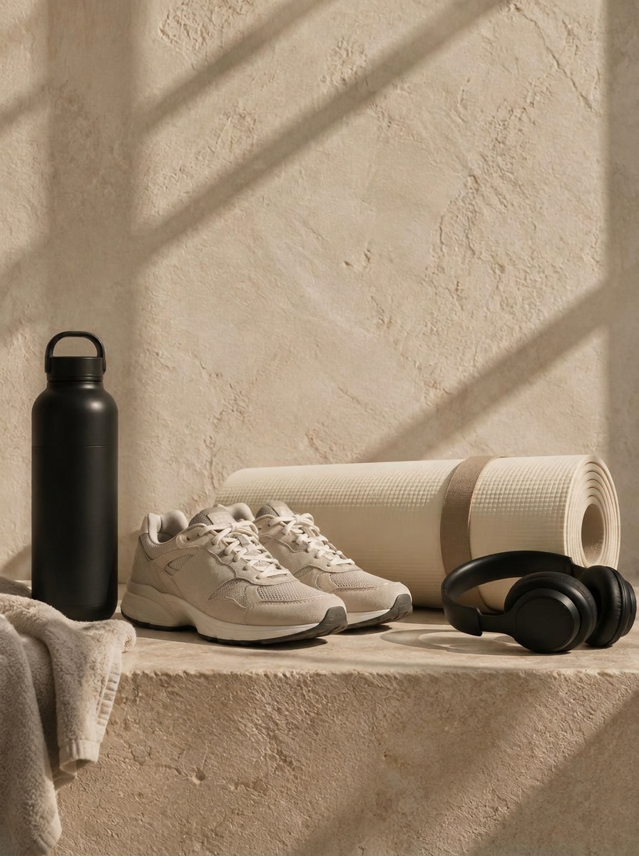 Black water bottle, neutral sneakers, Pilates mat and headphones on a plaster ledge