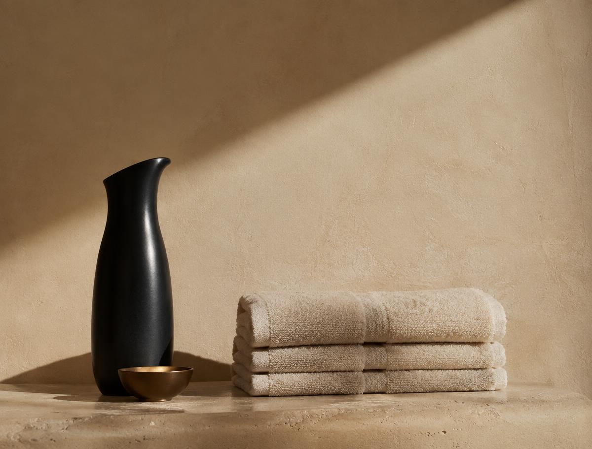 Black carafe, bronze bowl and folded towels on stone